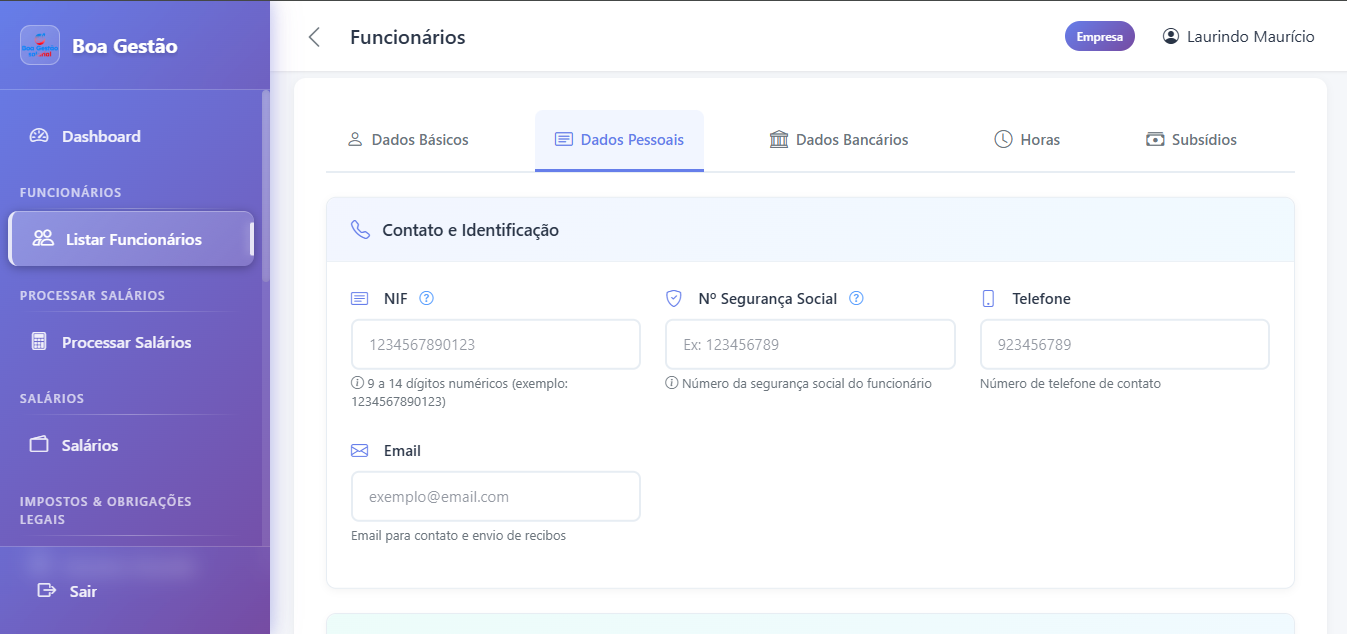 1. Cadastro de Funcionários